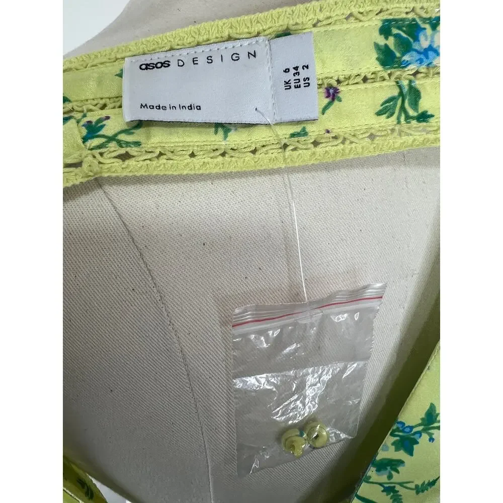 ASOS Design NEW Satin Mini Dress Lace Trim Button Front Yellow Ditsy Floral Sz 2